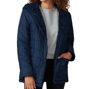 Halogen Reversible Coat - Women's Medium Navy Blue - Faux Sherpa Teddy Shearling